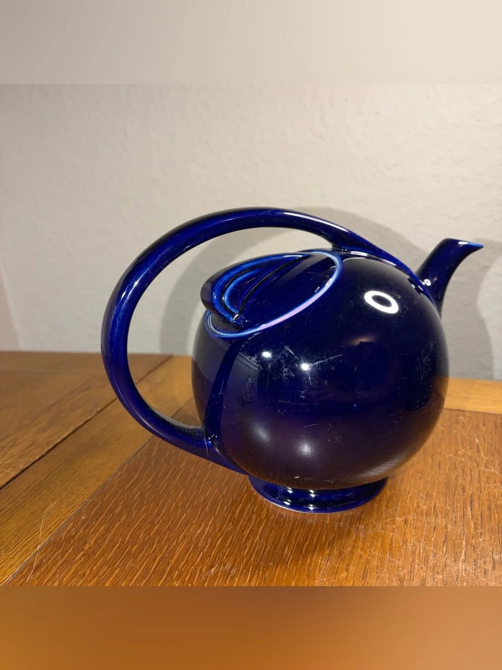 HALL POTTERY Vintage Cobalt Blue AIRFLOW TEAPOT Art Deco Small Chip On Spout